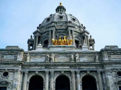 A close-up view of the front of the Minnesota capitol building.