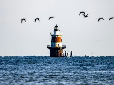 A lighthouse off the coast of Connecticut surrounded by water. Birds are flying overhead.